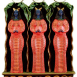 Alba Corrado, 2003 - HECATERION 3 - 12" x 15" x 2" - Terra Sigillata on earthenware, wood, paper, polymer clay, acrylic, ink, beads Hecate earthenware sculpture