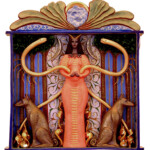 Alba Corrado, 2002. HECATE/Shrine - 14.5" x 13.5" x 2" - Terra Sigillata over earthenware, acrylic, beads & metal leaf Hecate earthenware sculpture