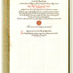 Alba Corrado, 2008, Wedding Certificate – 14″ x 21″ – Strathmore HP 100% Rag Paper, Archival Inks, Gold Leaf and Gouache, Ajisai Gold End Paper, Ultrasuede Cover <a href="https://www.albacorrado.com/wp-content/uploads/2017/04/pages_22_full.jpg">Full resolution</a>