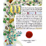 "Karen Idoine", 12" x 16", gold leaf, colored pencil, ink and watercolor on paper<a href="https://www.albacorrado.com/wp-content/uploads/2018/07/idoine_full.jpg">Full resolution</a> karin idoine calligraphy