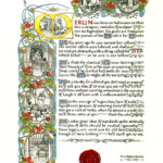Illuminated Citation for Merlin Szosz, watercolor, colored pencil and gold leaf on calf parchment, 20" x 13.5"<a href="https://www.albacorrado.com/wp-content/uploads/2018/07/merlin_full.jpg">Full resolution</a> illuminated citation